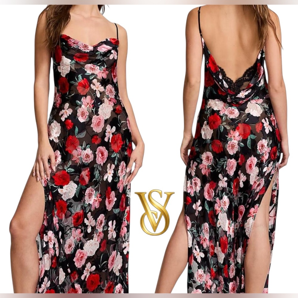 Atelier Victoria's Secret Noir Burnout Satin Plunge Gown. Size S. New With Tags